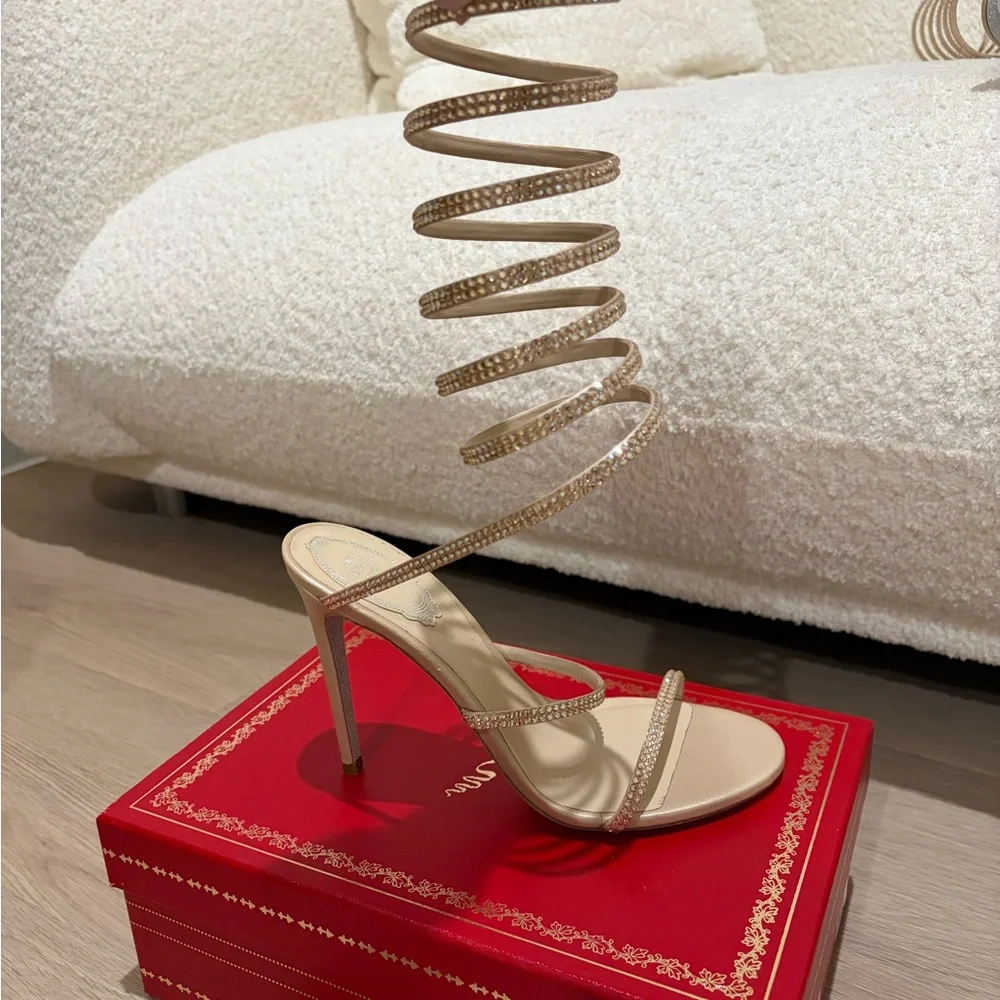 Rene Caovilla SuperCleo Beige Satin/Gold Champagne Spiral Wrap Shadow Heels